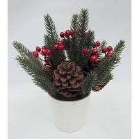 H: 10 / 25CM ANGEL PINE / BERRIES / PINECONE ARRANGE IN WHITE PLASTIC POT.